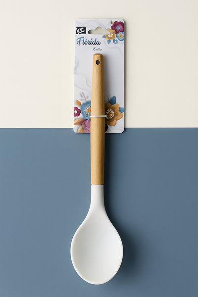 Colher de Silicone Branca Flórida Colors com Cabo de Madeira | Utensílio Culinário Ergonômico e Resistente