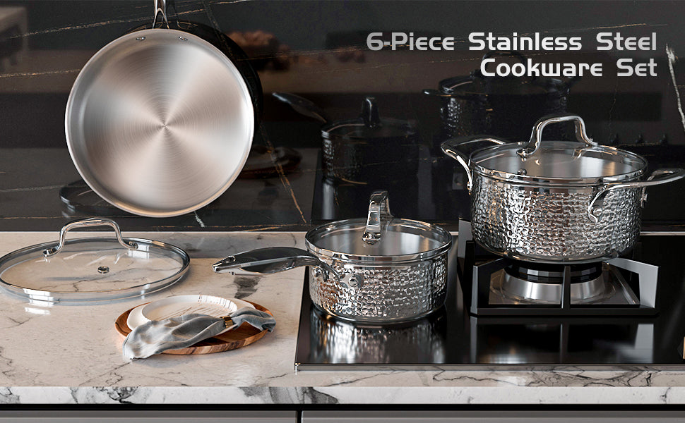 Conjunto de Panelas 6 Peças Aço Inox-Antiaderente e Moderna