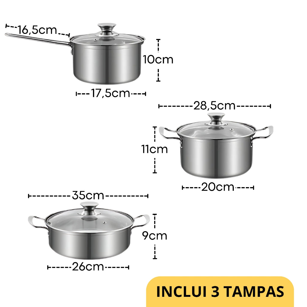 Conjunto de Panelas Inox Premium 6 Peças | Fundo Triplo | Tampas de Vidro | Cozinha Versátil