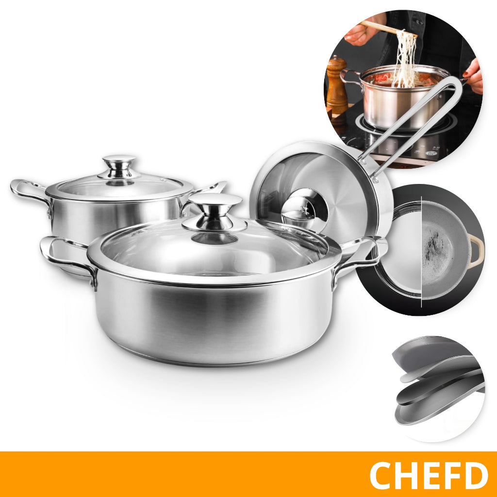 Conjunto de Panelas Inox Premium 6 Peças | Fundo Triplo | Tampas de Vidro | Cozinha Versátil