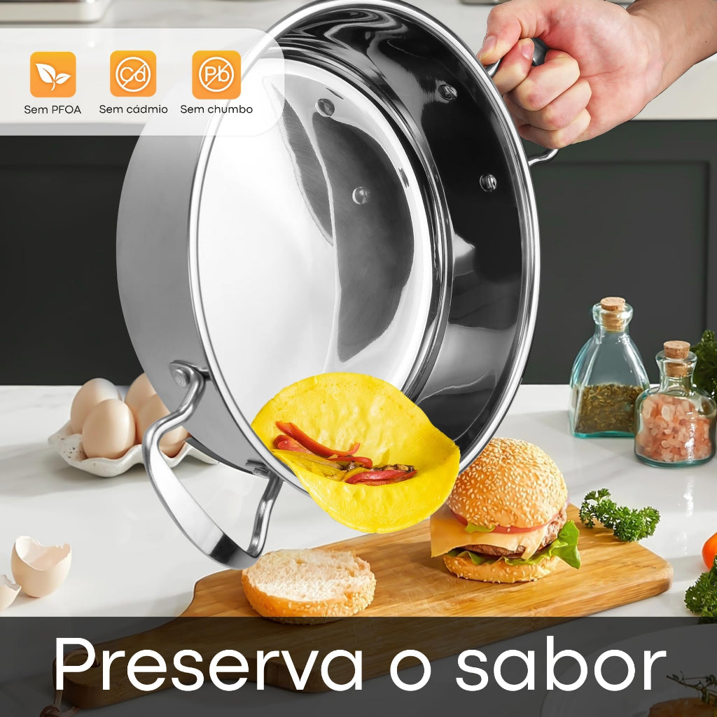 Conjunto de Panelas Inox Premium 6 Peças | Fundo Triplo | Tampas de Vidro | Cozinha Versátil