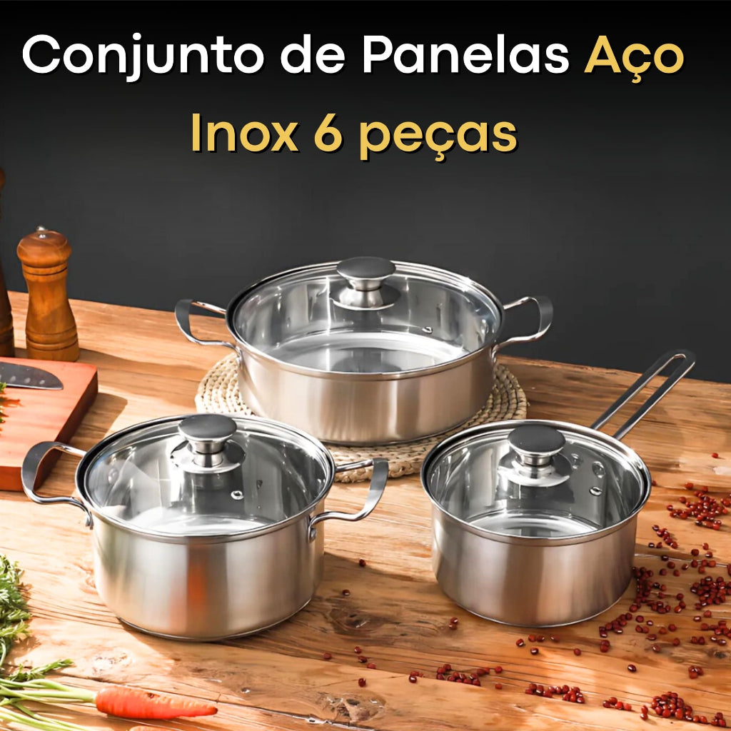 Conjunto de Panelas Inox Premium 6 Peças | Fundo Triplo | Tampas de Vidro | Cozinha Versátil