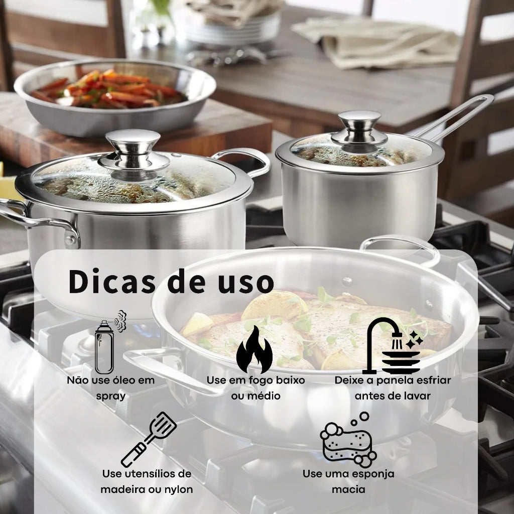 Conjunto de Panelas Inox Premium 6 Peças | Fundo Triplo | Tampas de Vidro | Cozinha Versátil
