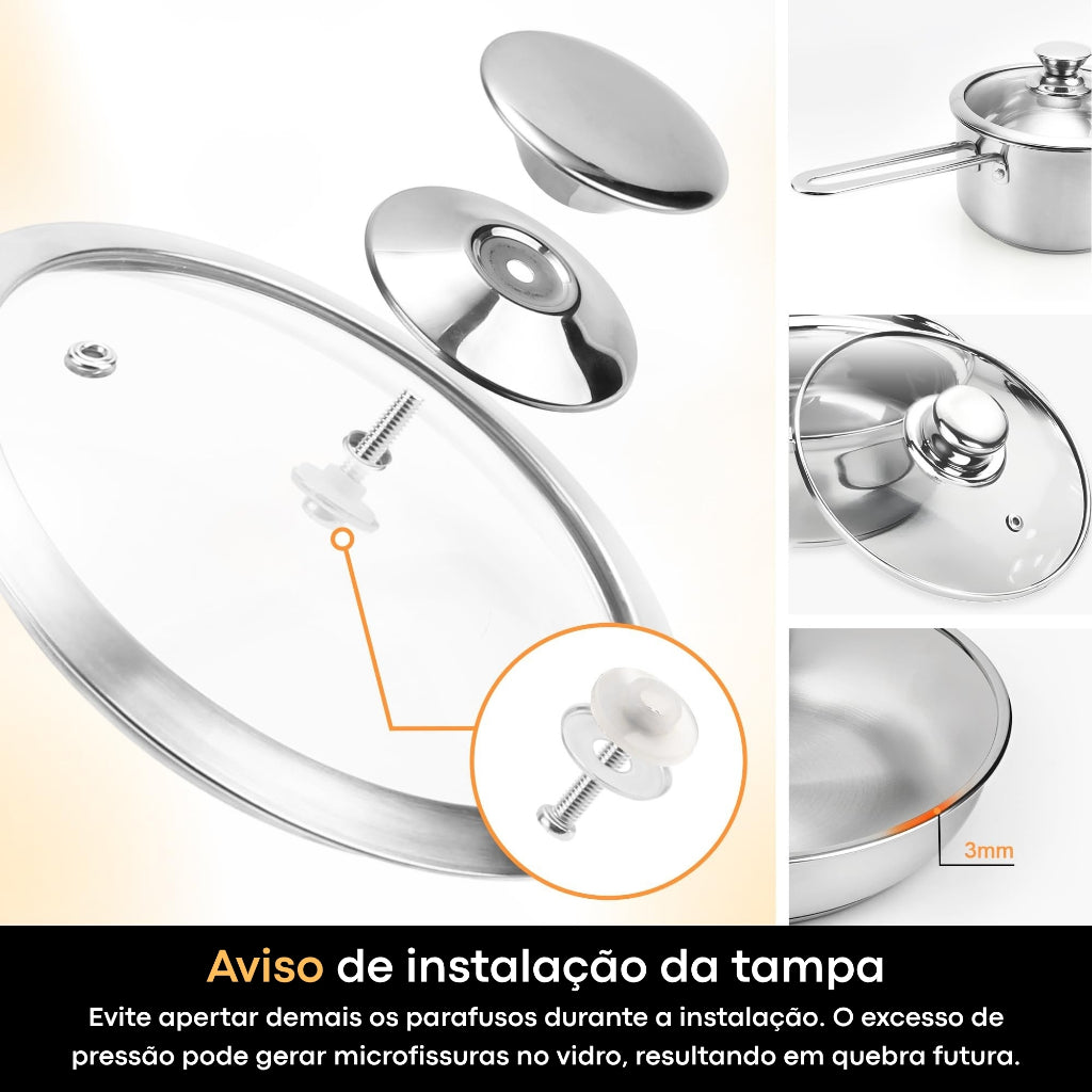 Conjunto de Panelas Inox Premium 6 Peças | Fundo Triplo | Tampas de Vidro | Cozinha Versátil