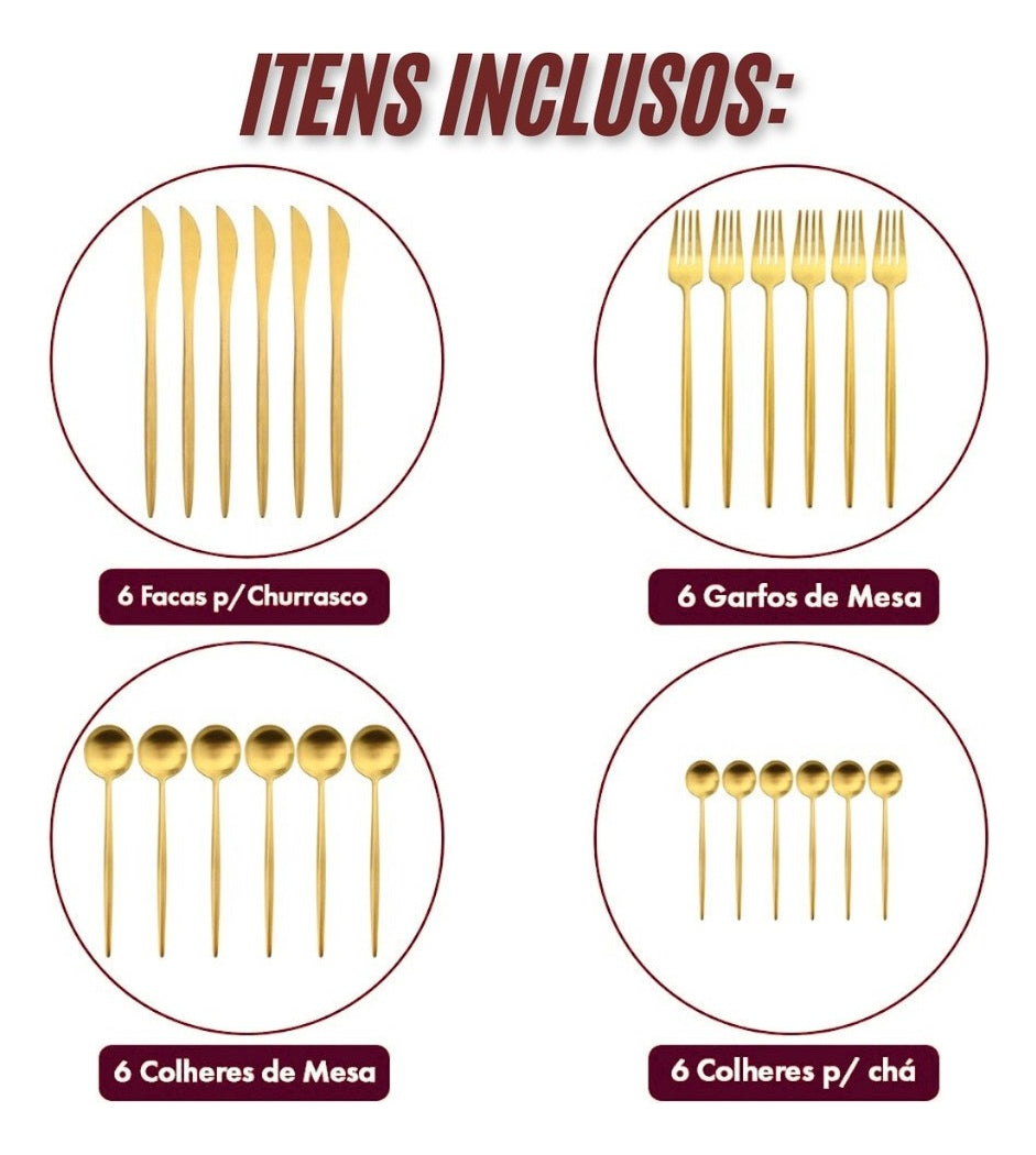Kit 24 Talheres Dourados