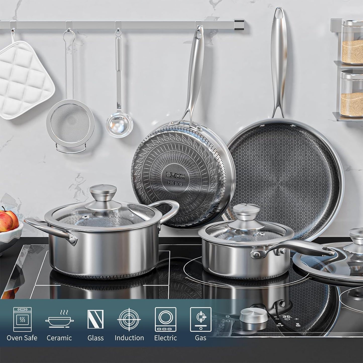 Jogo de Panelas 7 Peças Aço Inox Antiaderente