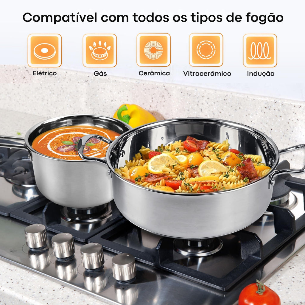Conjunto de Panelas Inox Premium 6 Peças | Fundo Triplo | Tampas de Vidro | Cozinha Versátil