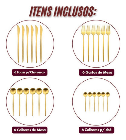 Kit 24 Talheres Dourados